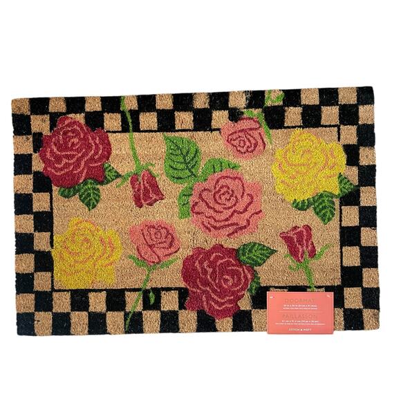 Pop of Color Floral Coir Doormat 24x36 Checkered Border Non Slip NEW - Picture 8 of 11